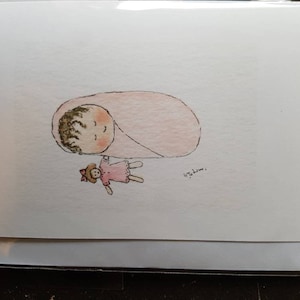 Petite fille rose avec son chariot. Une carte faite main et imprimée à partir d'une aquarelle originale. Carte de baby shower. Blanc à l'intérieur