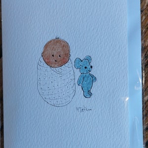 Une carte de bébé originale et signée à l'aquarelle.  Carte OOAK. Blanc à l'intérieur.