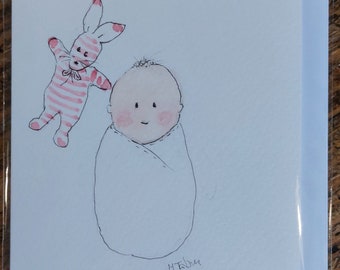 Original signed watercolour baby card OOAK, blank inside