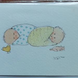Eine original Aquarell Zwillings Baby Karte OOAK Karte innen leer.
