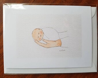 Tarjeta de baby shower de género neutro, hecha a mano e impresa a partir de mi acuarela original en blanco en el interior.