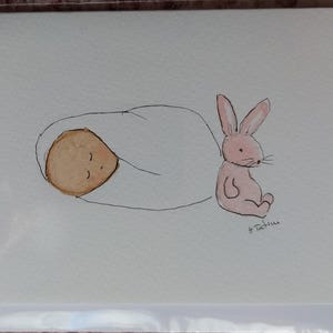 Une carte originale de bébé fille aquarelle signée. Carte OOAK. Blanc à l'intérieur.