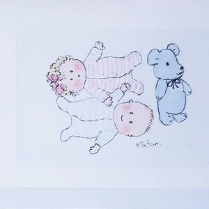 Zwillingsbabykarte..ein Mädchen und ein Junge..mit ihrem blauen Teddy..eine handgemachte und gedruckte Karte von einem original Aquarell. Innen leer