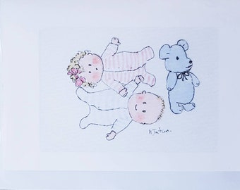 Twin baby card..a baby girl and a baby boy..with their blue teddy..a handmade and printed card from an original watercolour. Blank inside