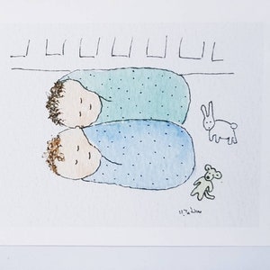 Biglietto di auguri per neonati gemelli, gemelli maschi. Fatto a mano e stampato da un acquerello originale. Interno vuoto.