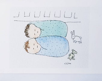 Twin baby card, baby boy twins. Handmade and printed from an original watercolour. Blank inside.
