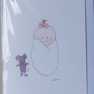 Carte bébé fille, une carte aquarelle originale et signée. OOAK, intérieur vierge.
