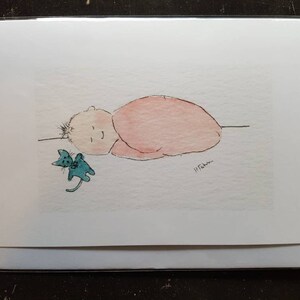 Baby girl greetings or shower card. Handmade and printed from an original watercolour. New born baby girl congratulations. Blank inside.