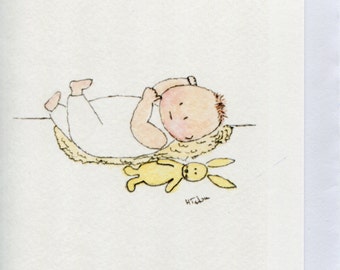 Newborn baby card, gender neutral card handmade and printed from my original watercolour blank inside card