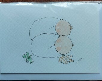 Twin baby card, original signed watercolour OOAK Handmade card. Blank inside