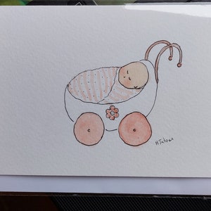 Une carte originale de bébé fille aquarelle signée. Carte OOAK. Blanc à l'intérieur.