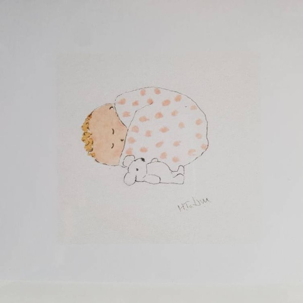Babymeisjeskaart, babymeisje met een witte teddy, handgemaakt en gedrukt met een originele aquarel. Blanco binnenkant.