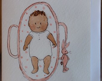 An original signed watercolour card,  baby girl card  blank inside.