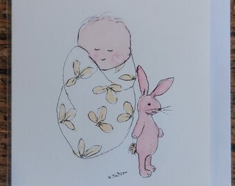 An original signed watercolour baby girl card. Blank inside.