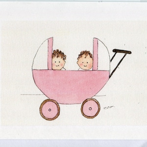 Zwillings-Baby-Karte, Karten für Zwillingsmädchen, handgemacht und gedruckt von meinem Originalaquarell