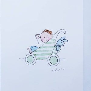 Baby  boy card..a little boy in his pushchair..handmade and printed from an original watercolour. Blank inside.