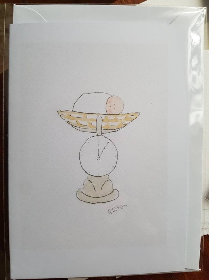 Handmade and printed from an original watercolour Blank inside for your own special message. Baby shower card baby scales