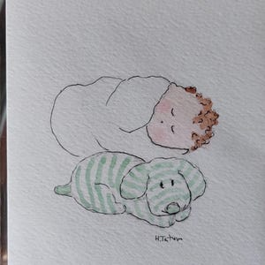 Une carte de bébé originale et signée à l'aquarelle. Carte OOAK, vierge à l'intérieur.
