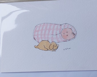 Baby girl card, original signed watercolour, OOAK blank inside