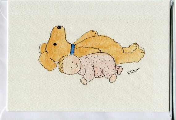 Baby girl card baby with her toy dog newborn baby cards baby | Etsy