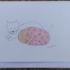 Une carte originale de bébé fille aquarelle signée. Carte OOAK.  Carte de petite fille avec un chat blanc. Blanc à l'intérieur