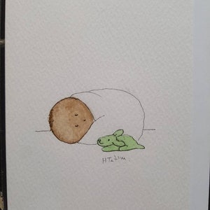 Carte de bébé aquarelle originale signée OOAK, vierge à l'intérieur, carte faite main.