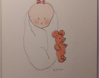 Original signed watercolour card baby girl OOAK,  blank inside.