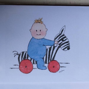 Biglietto con bambino su una zebra giocattolo fatto a mano e stampato dal mio acquerello originale, interno vuoto.