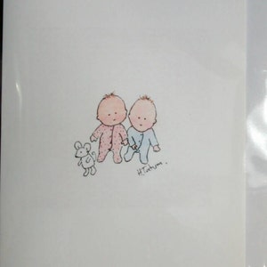 Cartões de bebês gêmeos, feitos à mão e impressos a partir do meu cartão original em aquarela