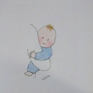 Babyjongenskaart, babyshowerkaart handgemaakt en gedrukt vanuit mijn originele aquarel, blanco binnenkant