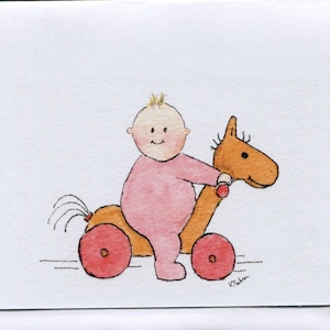 Carte de petite fille, petite fille sur un cheval miniature. Fait à la main et imprimé à partir de mon blanc aquarelle original à l'intérieur