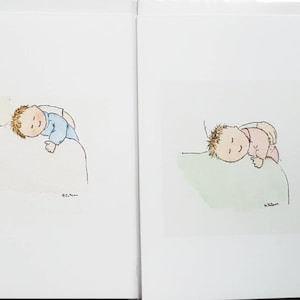 Cartões de menina e menino. Pacote de duas cartas. Feito à mão e impresso a partir de aquarelas originais. Em branco por dentro.
