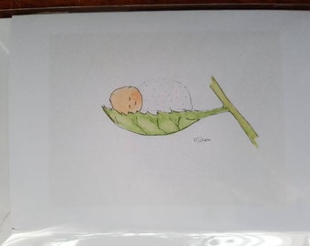 New baby card, leaf baby. Handmade and printed from an original watercolour. Blank inside, gender neutral card.
