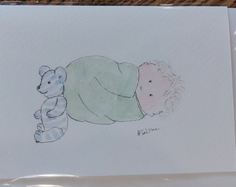 Baby son card, original signed OOAK watercolour card blank inside