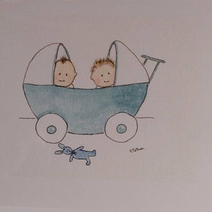 Zwillingsjungen Karte handgemacht und gedruckt von meiner originalen Aquarellkarte