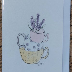 Tasses et lavande originale signée OOAK carte aquarelle carte faite main carte vierge à l'intérieur de la carte carte pour occasion spéciale