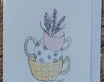 Cups and lavender original signed OOAK watercolour card  handmade card blank inside card special occasion card