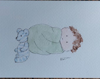 Baby son card, original signed OOAK watercolour card blank inside