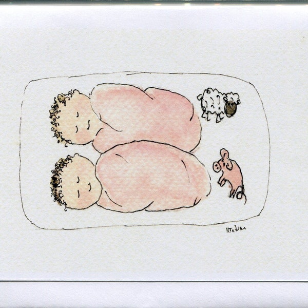 Carte de bébé fille jumelle faite à la main et imprimée à partir de ma carte intérieure vierge aquarelle originale