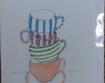 Teacup card original signed OOAK watercolour card blank inside card. Special card.