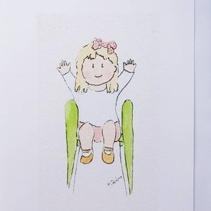 Karte mit kleinem Mädchen, Mädchen spielen auf Rutschbahn, Karten für Kinder blanko Karte handgemachte Karte Aquarellkarten Geburtstagskarte
