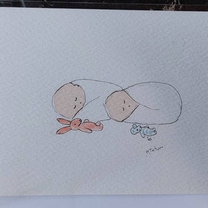 Originale, signierte OOAK Zwillingskarte. Aquarell Karte, Junge und Mädchen Zwillingskarte. Innenseite leer. Besondere Zwillingsdusche Karte.