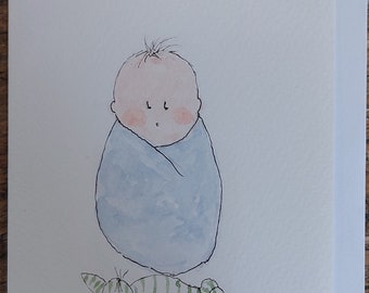 Baby son shower card Original signed watercolour card OOAK blank inside