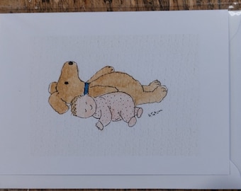 Baby girl card, baby with her toy dog handmade from my original watercolour,  blank inside the card.