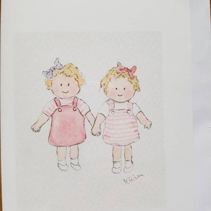 Tweelingmeisjes, hand in hand een handgemaakte kaart, gedrukt op basis van een originele aquarel.