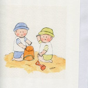 Carte bébés sur la plage carte jumelle faite à la main et imprimée à partir de ma carte intérieure vierge aquarelle originale