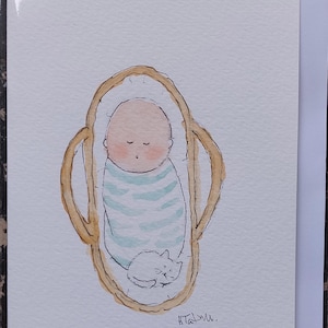 Une carte de bébé originale et signée à l'aquarelle.  Blanc à l'intérieur. Carte OOAK.