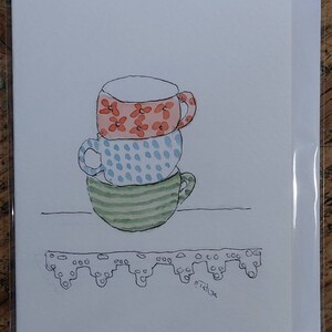 Karta Tea Cups oryginalna podpisana akwarelowa karta OOAK. Pusta karta w środku
