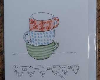 Tea cups card an original signed watercolour OOAK card. Blank inside card