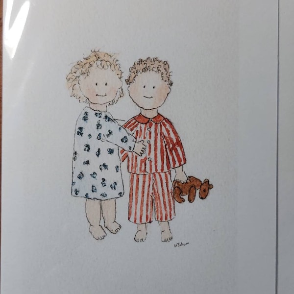 Brother and sister card handmade and printed from my original watercolour blank inside card.